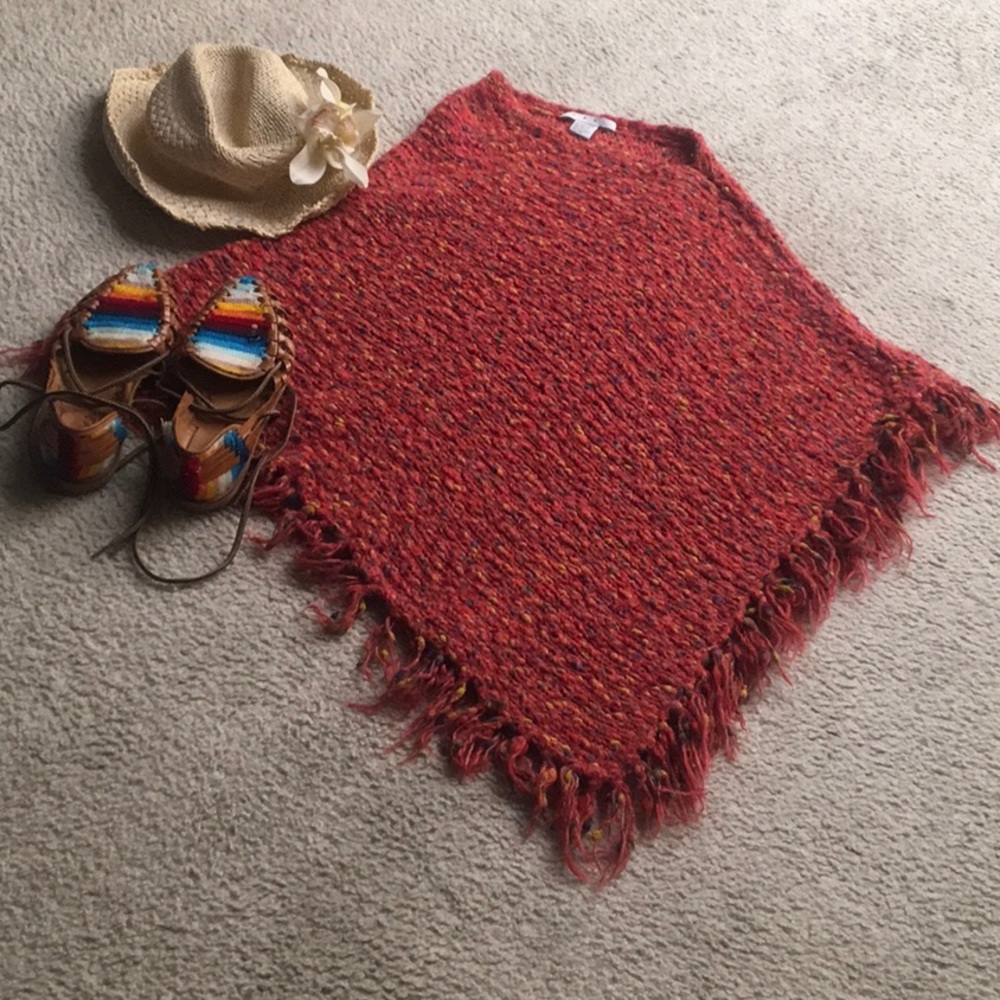 CABI/RARE-RED CONFETTI FRINGE SLIGHT OFF ONE SHOULDER PONCHO/NEW